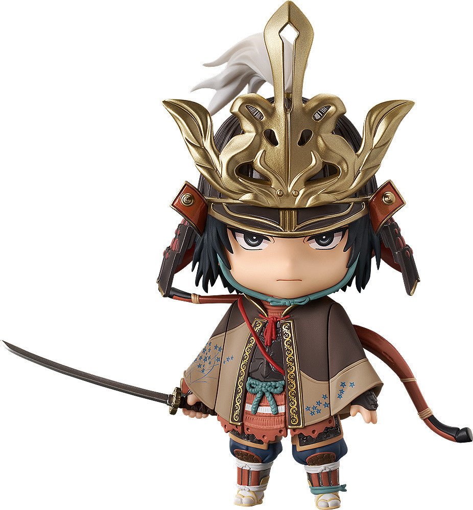 Front view of Nendoroid Genichiro Ashina in detailed armor with katana and serious expression