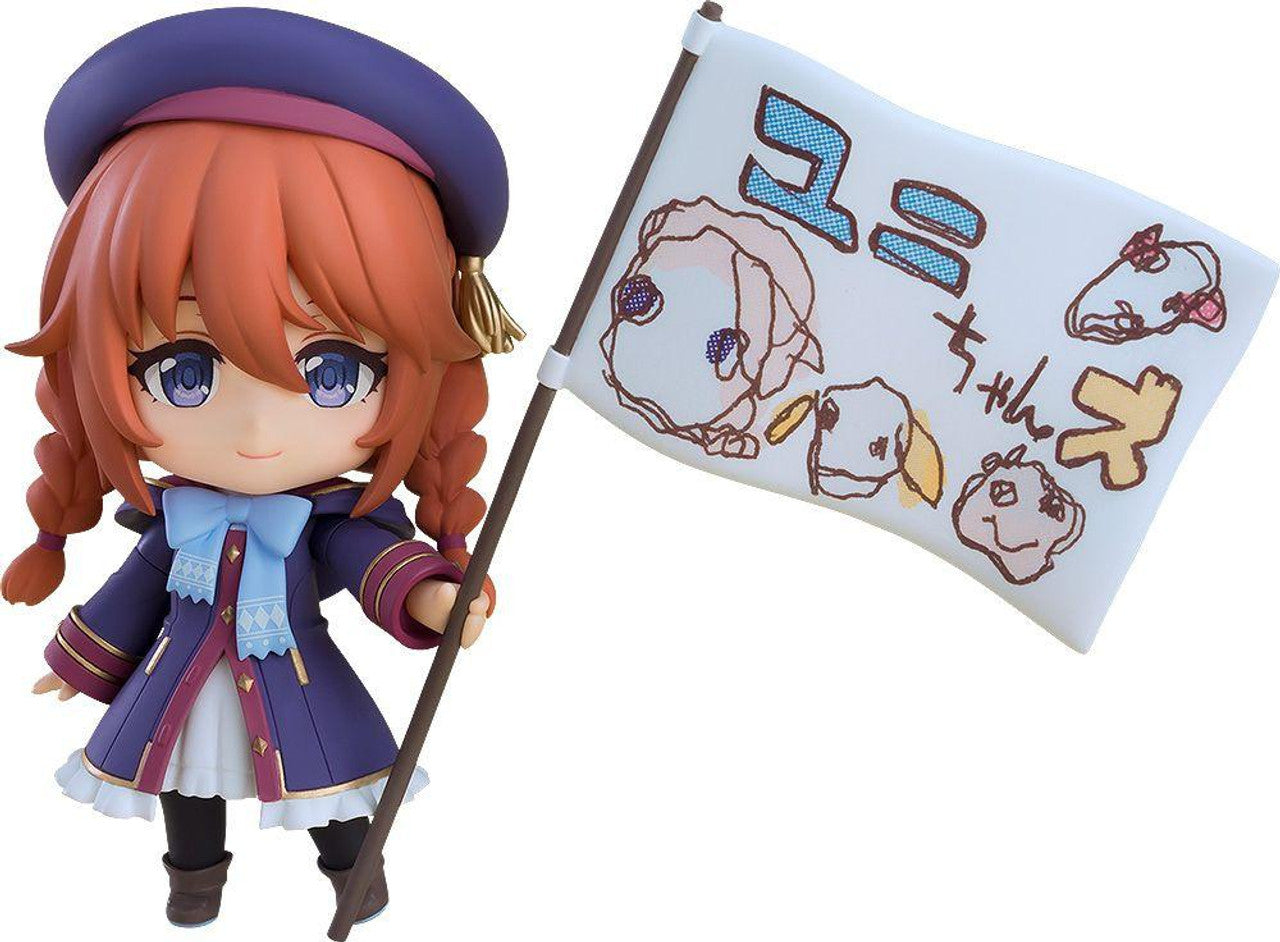 Princess Connect ReDive Yuni Nendoroid action figure holding a flag with character sketches and Japanese text