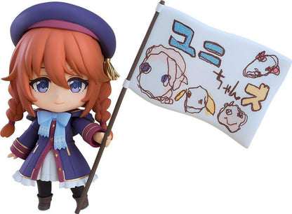 Princess Connect ReDive Yuni Nendoroid action figure holding a flag with character sketches and Japanese text