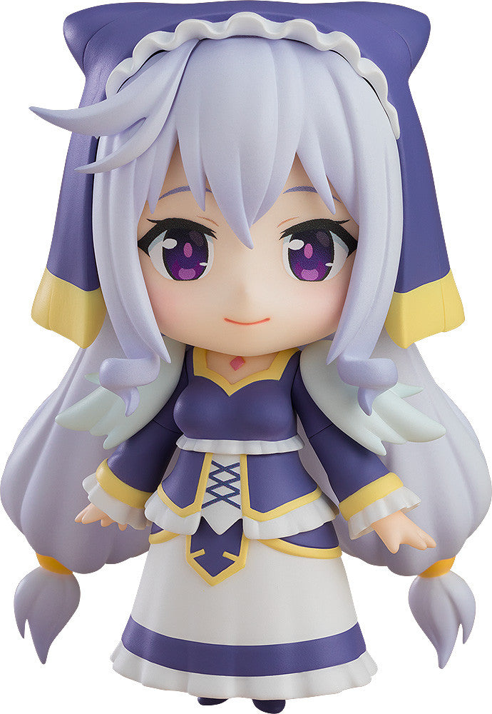 Front view of Eris Nendoroid smiling joyfully in her white and purple goddess outfit