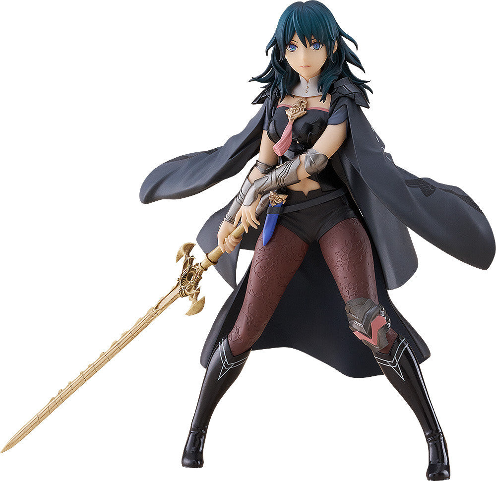Good Smile Company Pop Up Parade Byleth female figure with dark teal hair black cape and patterned brown tights holding a golden sword