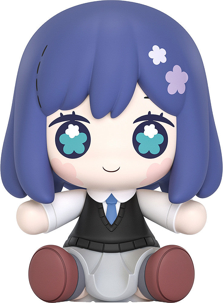 Chibi doll with blue hair and flower clips, big floral eyes, wearing a shirt, tie, vest, and skirt, sitting