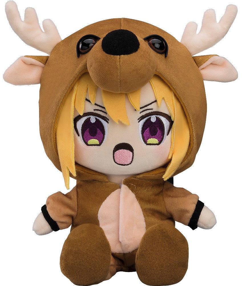 Anime plush toy with blonde hair, purple eyes, and a surprised expression, wearing a brown deer costume with antlers