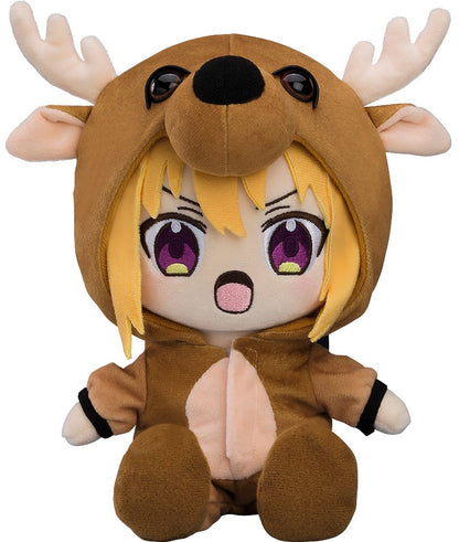 Anime plush toy with blonde hair, purple eyes, and a surprised expression, wearing a brown deer costume with antlers