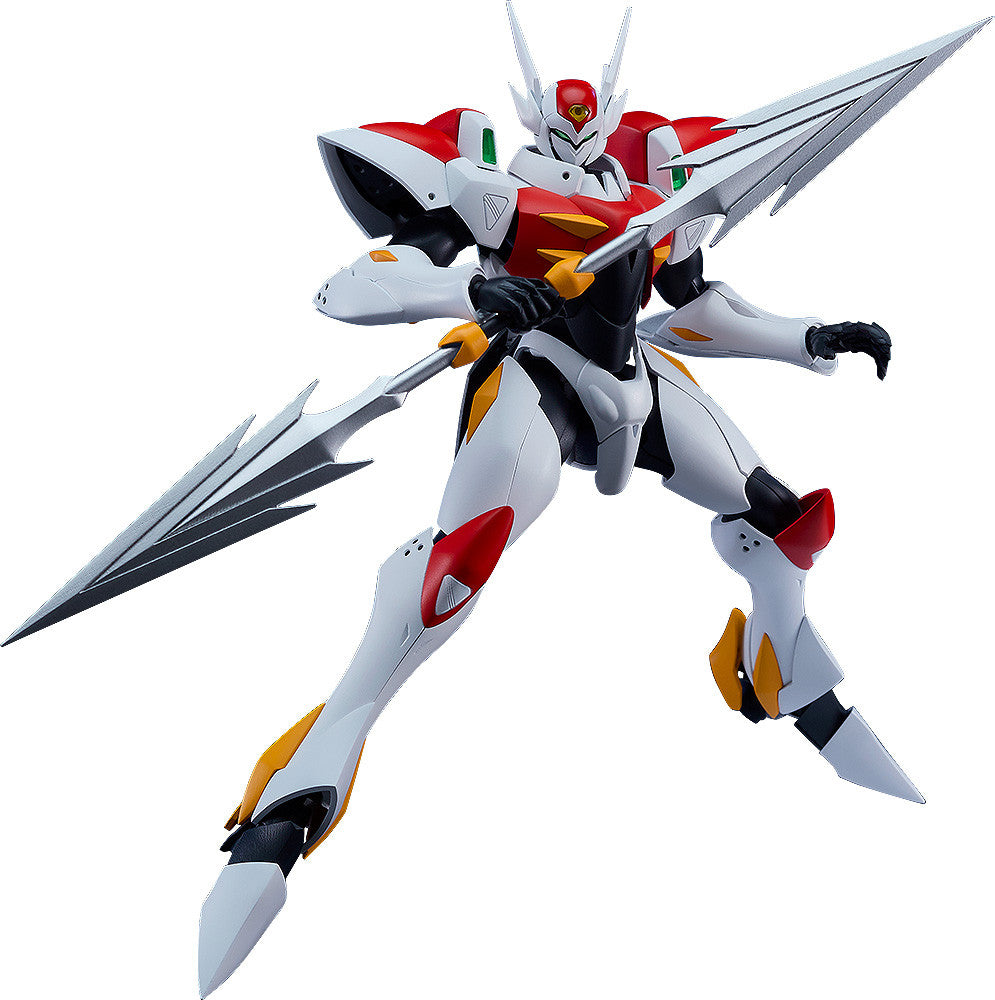 Dynamic white, red, and black mecha wielding twin sharp spears in an action pose