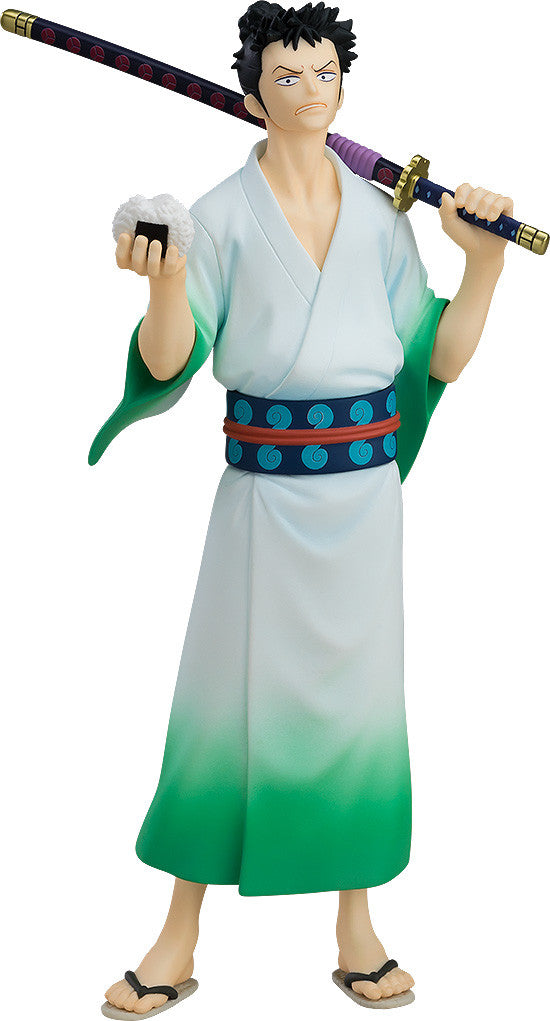 A scowling male figure in a white-to-green kimono, holding a rice ball and a katana