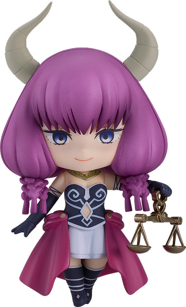 Good Smile Company Frieren Beyond Journeys End Nendoroid Aura the Guillotine figure with purple hair horns holding golden scales on a white background