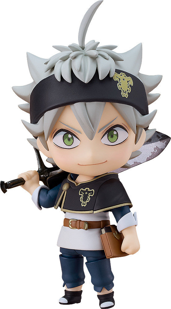 Nendoroid Asta from Black Clover, smiling with gray hair, holding a large sword over his shoulder