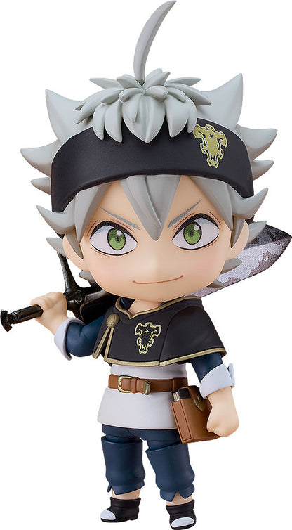 Nendoroid Asta from Black Clover, smiling with gray hair, holding a large sword over his shoulder