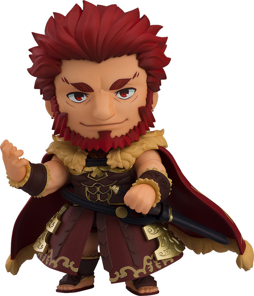 Good Smile Company Nendoroid Rider Iskanndar figure from FateGrand Order dressed in ornate red armor and gold leaf cape holding a scabbard