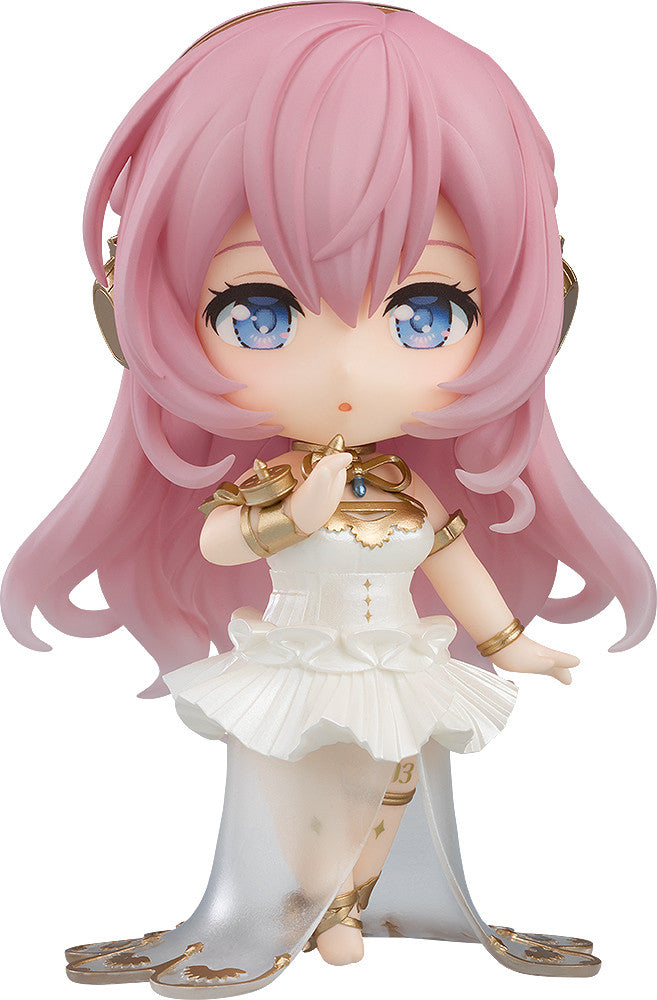 Nendoroid figure with long pink hair, blue eyes, and a white & gold dress, holding a finger to her lips