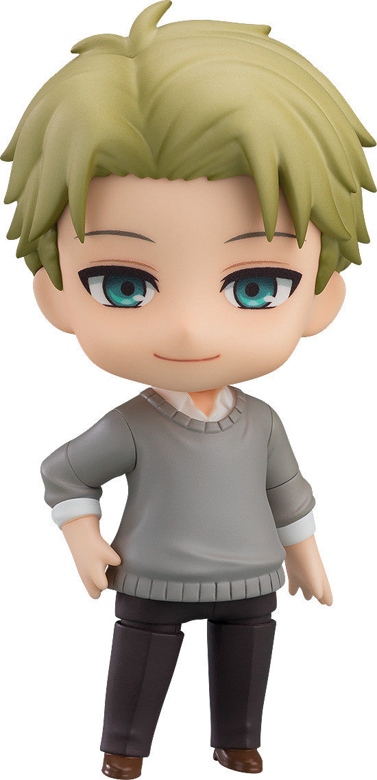Chibi anime figure with light green hair, teal eyes, wearing a gray sweater, smiling