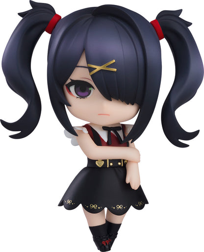 Nendoroid figure of a girl with dark pigtails and red ties, purple eyes, wearing a black and red dress, arms crossed with a slight frown