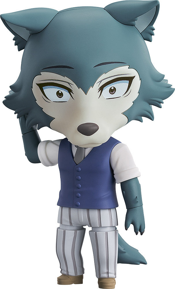 Nendoroid figure of Legoshi (Beastars), a teal wolf in a blue vest and striped pants, with one hand raised to his ear