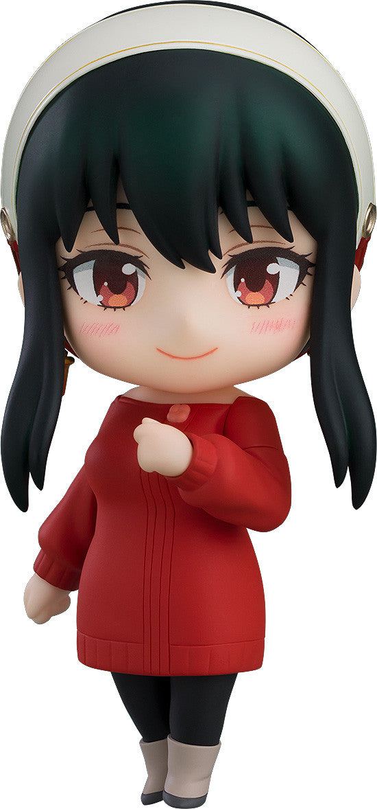 Nendoroid Yoru Forger figure in a red sweater, white headband, smiling shyly with hand on chest