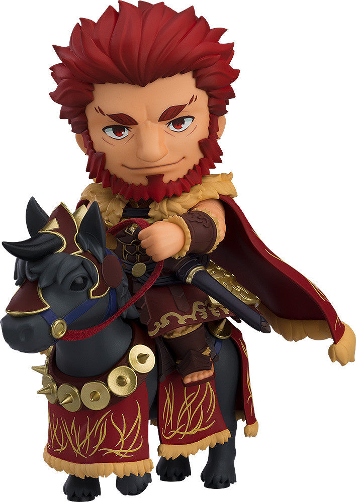 Nendoroid Rider Iskandar DX Edition figure from FateGrand Order depicted on his horse with a determined expression wearing a red and gold outfit