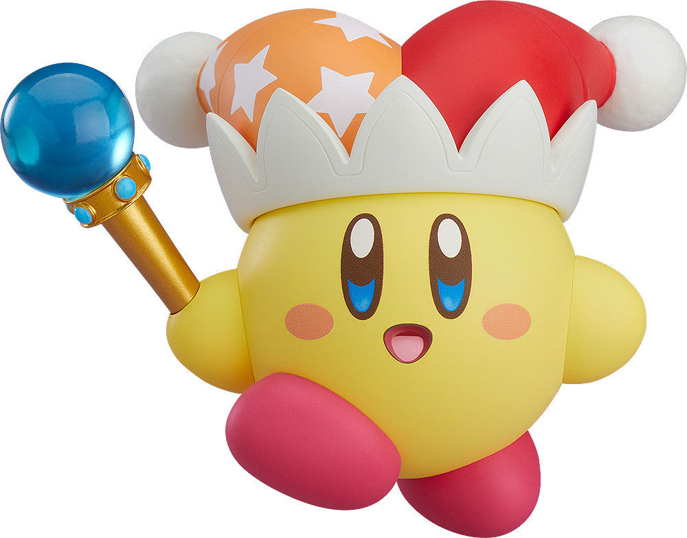 Good Smile Company Nendoroid Kirby Beam Kirby figure a yellow character with an orange and red jester hat holding a blue-orb staff