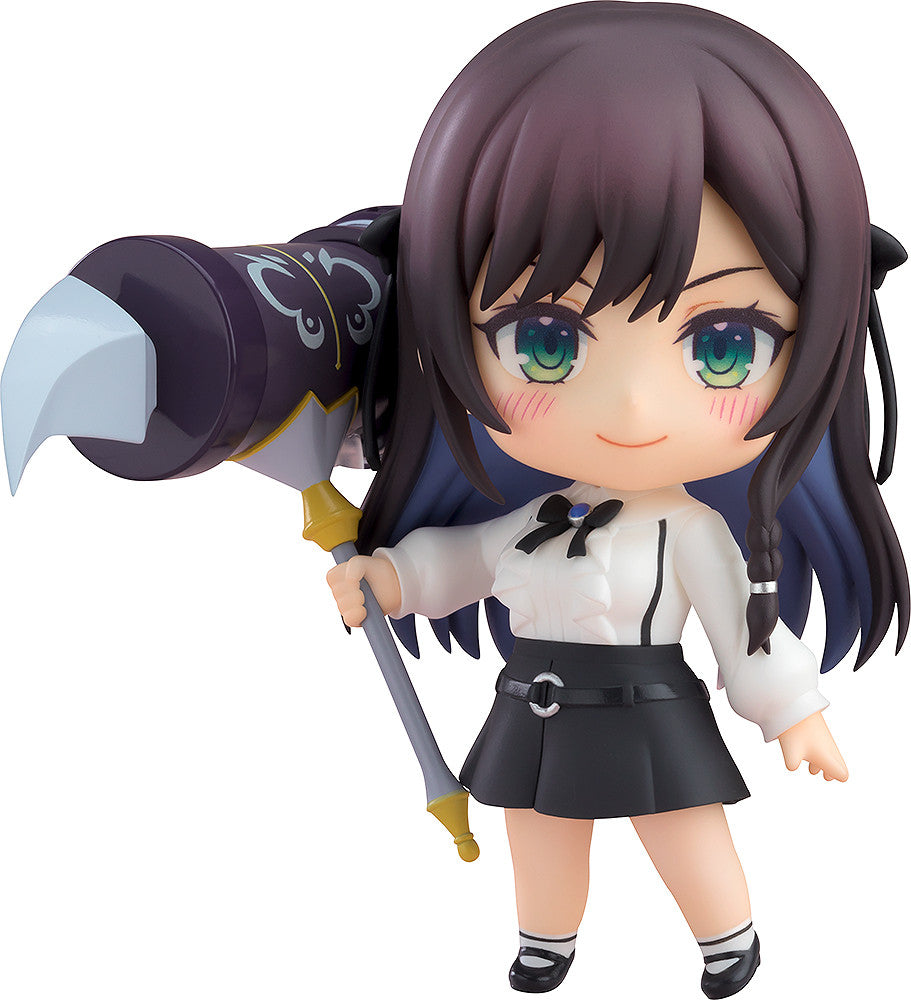 Alina Clover Nendoroid figure from Good Smile Company holding a large purple and gold hammer She wears a white blouse black skirt and has long brown hair