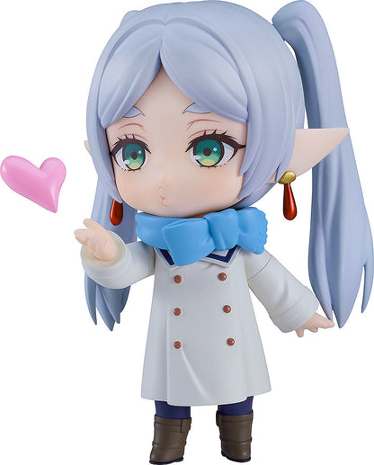 Frieren Beyond Journey's End Nendoroid Frieren Winter Clothes Version figure with light blue hair a white coat and a pink heart accessory
