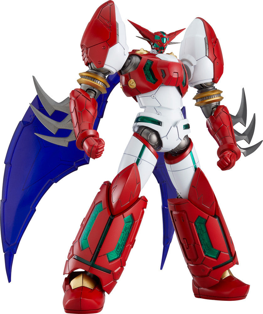 A red and white armored robot with green accents, blue panels, and sharp claws stands