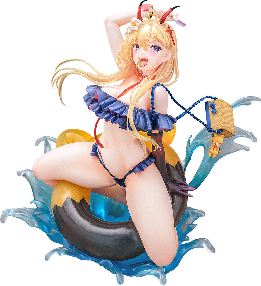 An Azur Lane Kumano Fancy Waves Version 16 Scale Figure of a blonde girl in a blue swimsuit with a lollipop, sitting on an inflatable ring with water effects and a straw bag