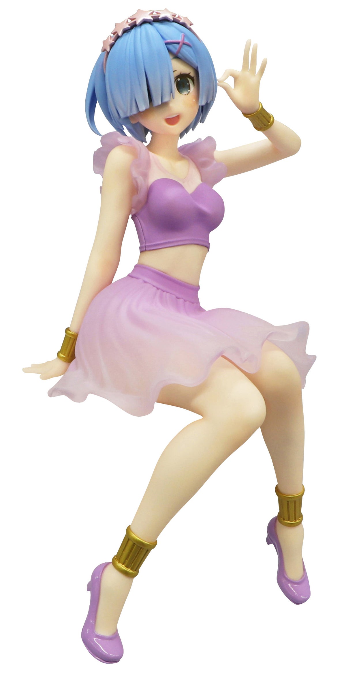 Rem anime figure in a light purple crop top and sheer skirt posing on a white background