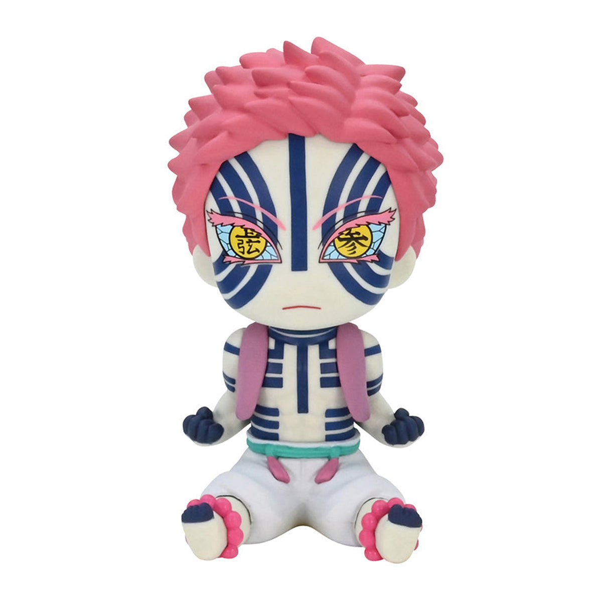 Demon Slayer Kimetsu no Yaiba Potetto Akaza chibi figure with pink spiky hair blue and white striped face pink shoulders and white pants with pink and teal accents seated and facing forward