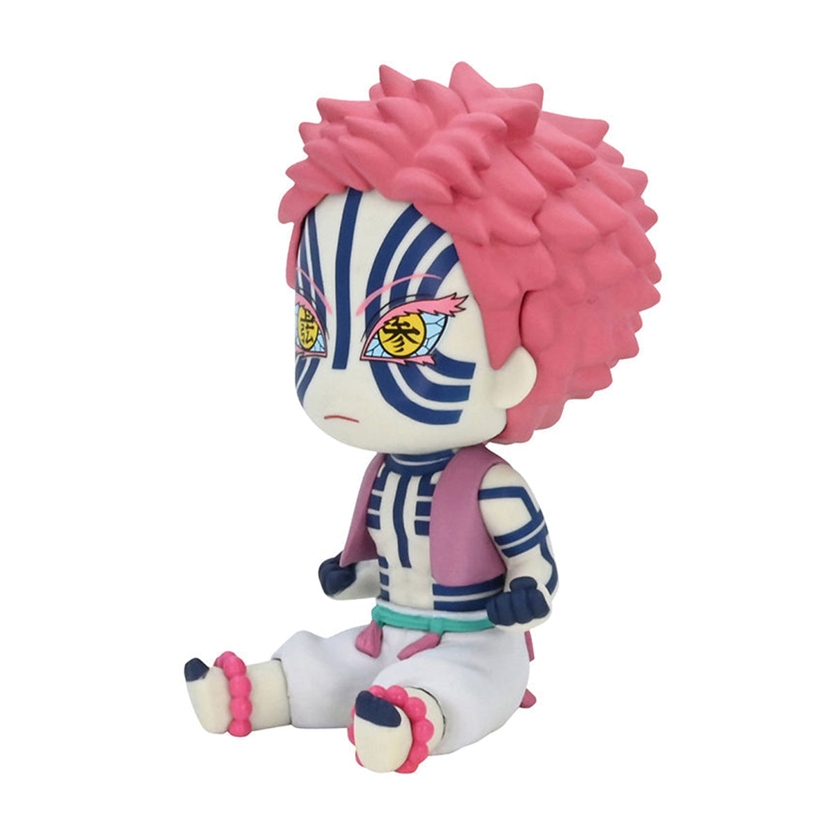 Demon Slayer Kimetsu no Yaiba Potetto Akaza figurine with pink hair and blue facial markings sitting with pink ankle beads and white pants