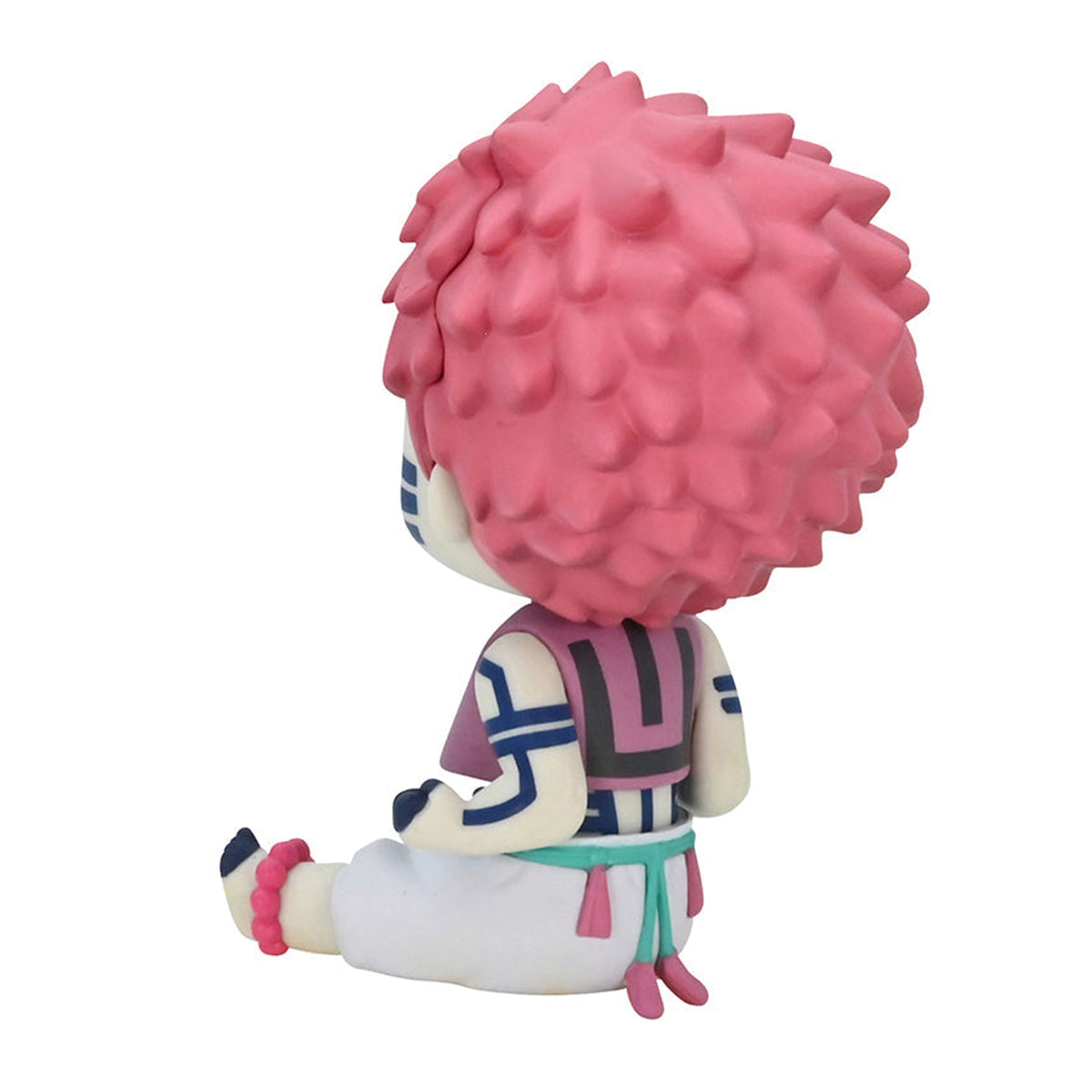 Demon Slayer Kimetsu no Yaiba Potetto Akaza figure back view pink spiky hair seated pose purple and blue striped shirt white pants with green sash