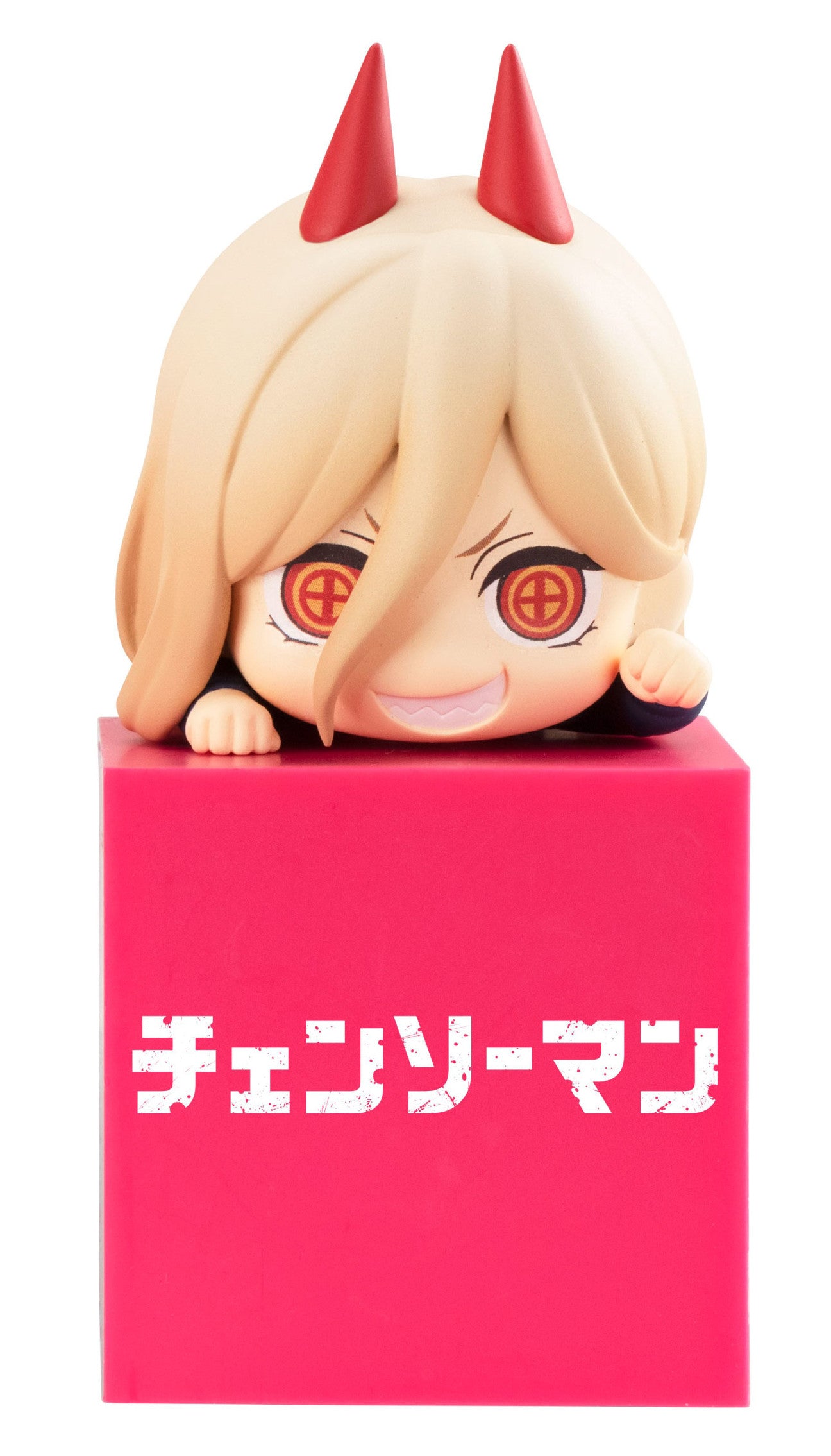 Chibi-style anime figurine of Power from Chainsaw Man peeking over a bright pink cube with the series title in white Japanese text