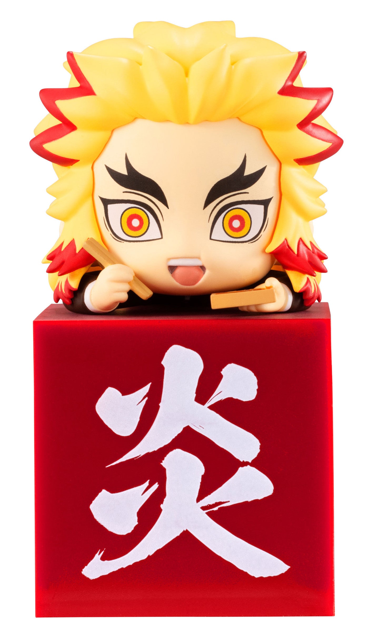 Chibi-style Rengoku Kyojuro figurine from Demon Slayer holding chopsticks on a red base with the kanji for Flame