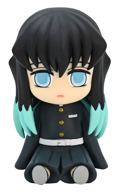 Chibi-style figure of a girl with black hair tipped in teal wearing a black uniform and seated