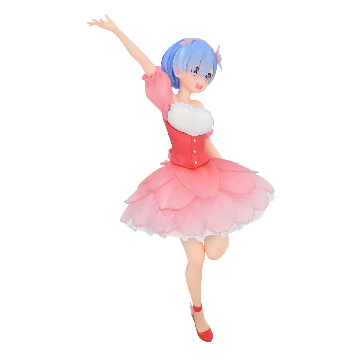 ReZero Rem figurine in a ruffled pink dress red shoes and light blue hair hand raised