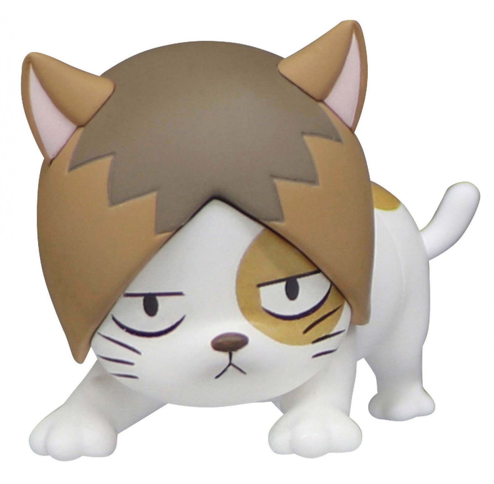 White plastic collectible figure of a cat with brown and tan fur and an exaggerated angry expression