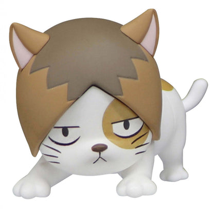 White plastic collectible figure of a cat with brown and tan fur and an exaggerated angry expression