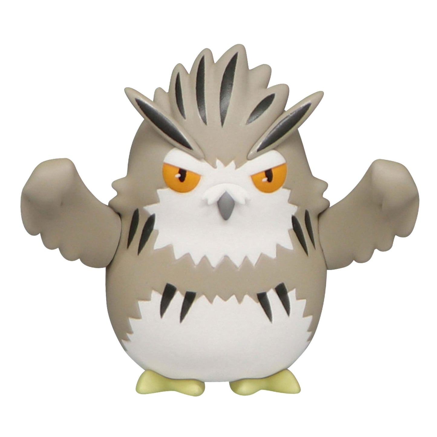 The chibi Haikyu Bokuto owl figure stands puffed up with pointed head feathers, bright orange eyes, and small wings extended against a white backdrop