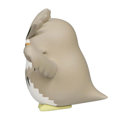 Stylized side profile of the Haikyu!! Bokuto owl noodle stopper petit figure, showing its smooth taupe body, white chest feathers, and small yellow feet