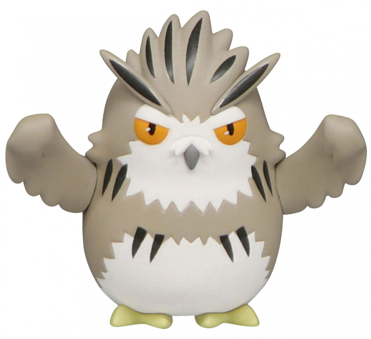 Grumpy looking gray and white owl figure with spiked crest and outstretched wings