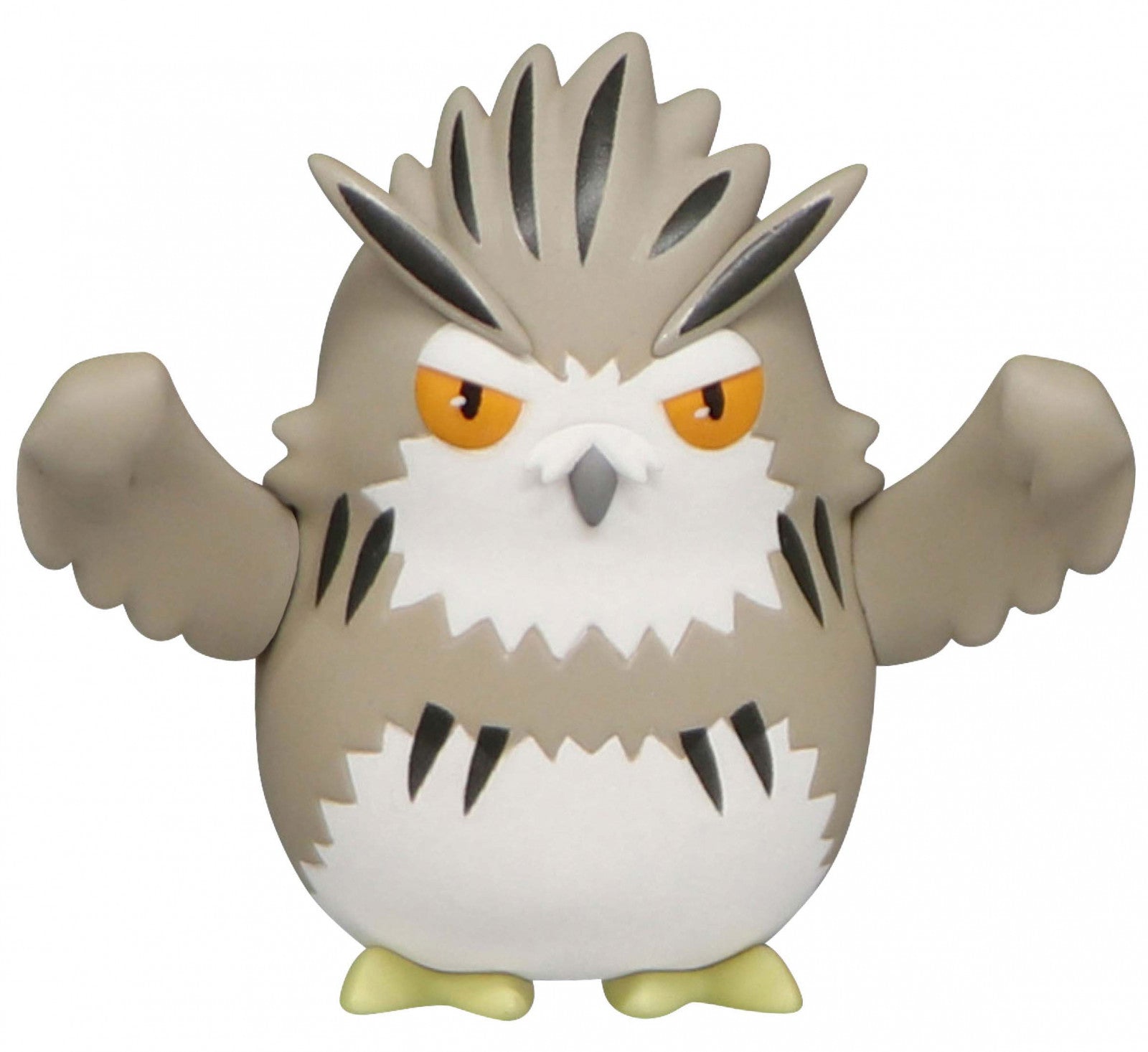 Grumpy looking gray and white owl figure with spiked crest and outstretched wings
