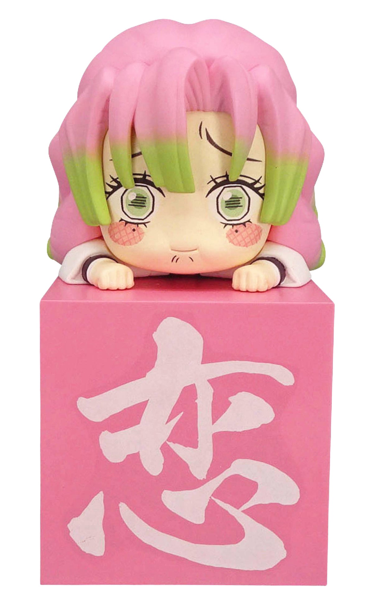 Front view of Kanroji Mitsuri Hold Back Laughter Hikkake figure leaning on a block