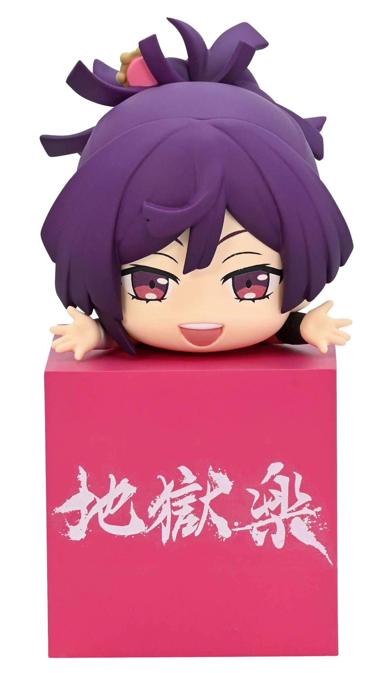 Chibi-style anime figure with purple spiky hair and red eyes peeking over a pink box with white Japanese kanji
