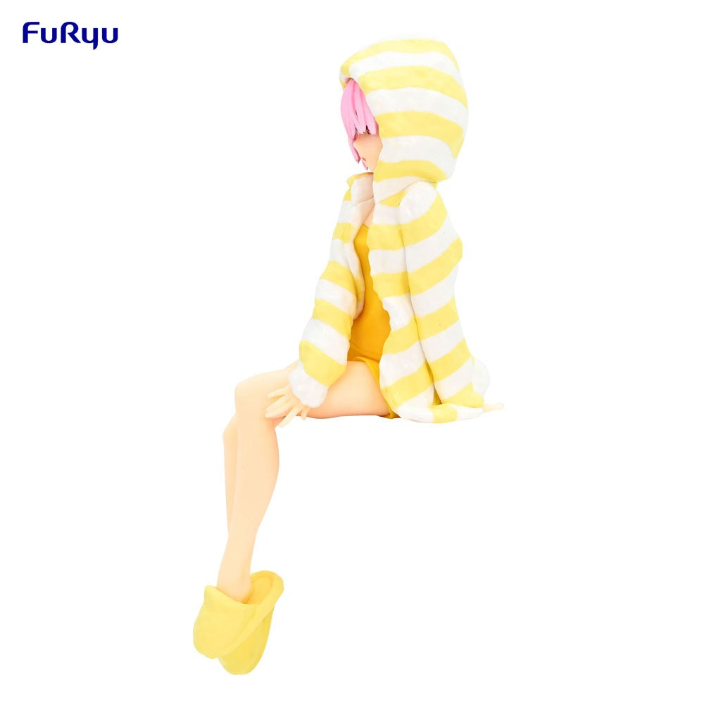 Sitting figure wearing pink hair and oversized yellow/white striped hoodie over a yellow swimsuit