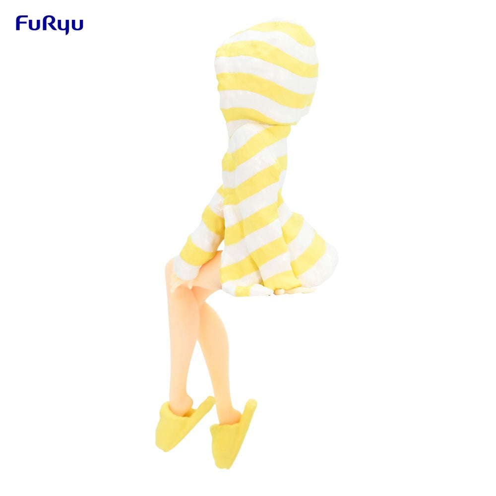Figure wearing a large yellow and white striped hoodie and slippers, sitting with legs dangling