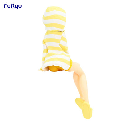 Seated anime figure wearing a yellow and white striped hoodie, viewed from the back/side