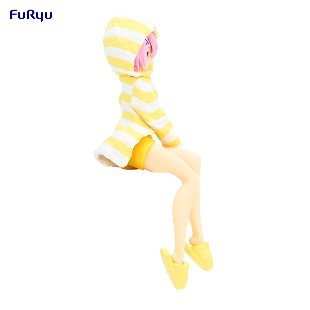 Figure with pink hair in yellow striped hoodie and slippers, sitting with legs dangling