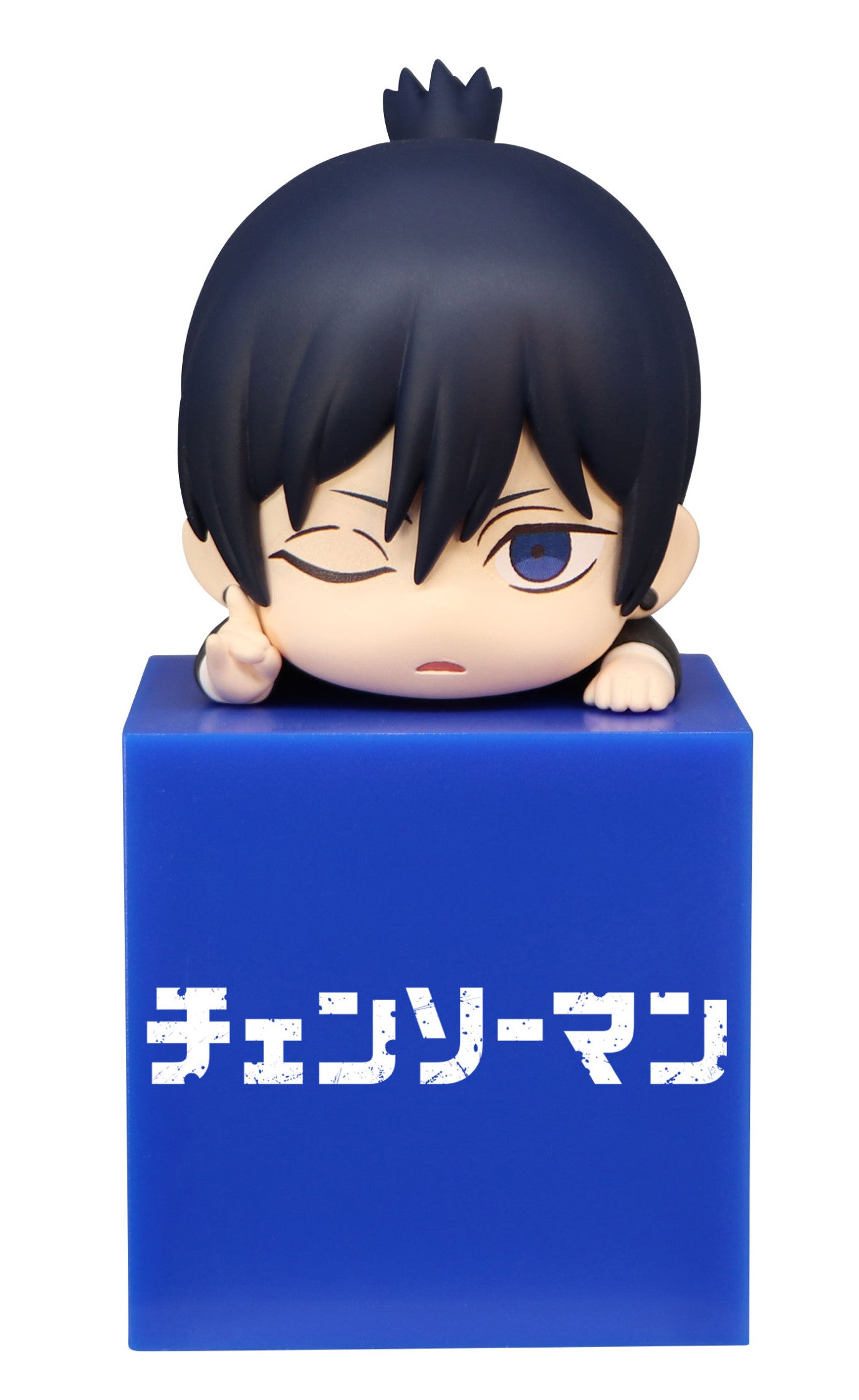 Chainsaw Man Aki Hayakawa Hikkake figure in black with blue base featuring Japanese characters