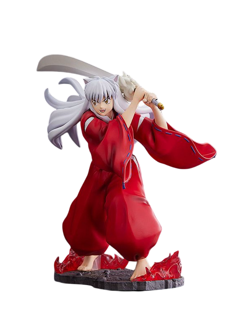 Tenitol Inuyasha PVC figure in striking red kimono wielding his sword in a powerful pose on a rocky base with red energy effects