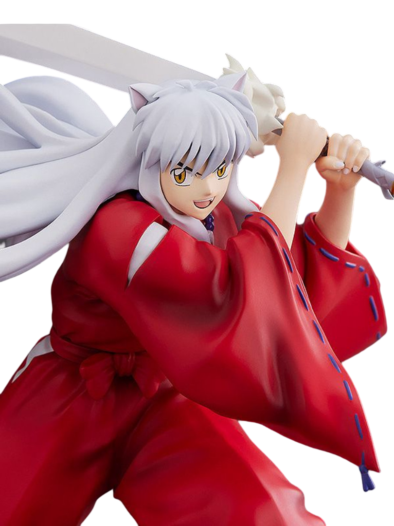 Inuyasha TENITOL figure in red robes with flowing white hair holding a sword dynamic pose