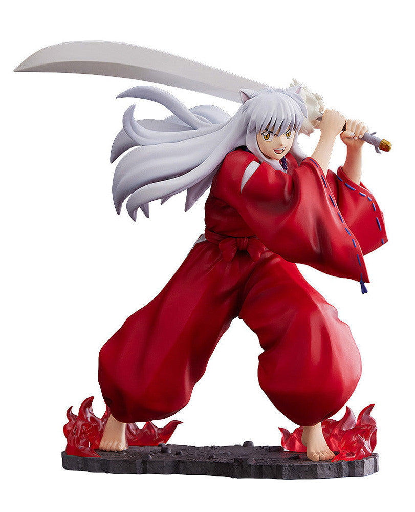Inuyasha Tenitol figure in a red haori and hakama wielding his Tessaiga sword posed dynamically on a dark base with red flame accents