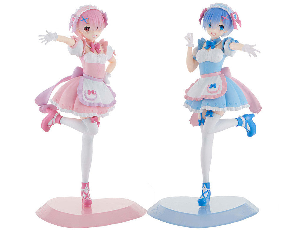 Twin figures Rem and Ram in pastel maid outfits with matching poses